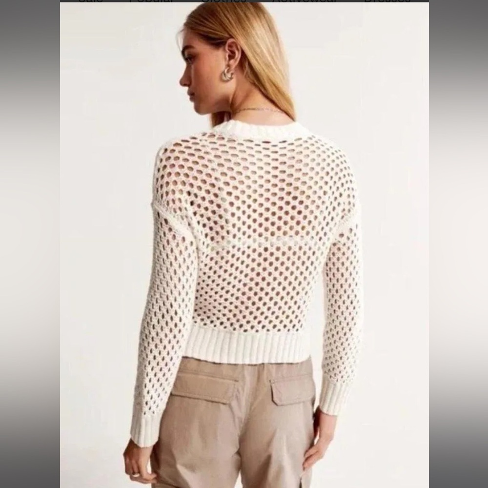 Abercrombie Long-Sleeve Crochet Mesh Knit Crew Top Sweater NWOT - Picture 2 of 11